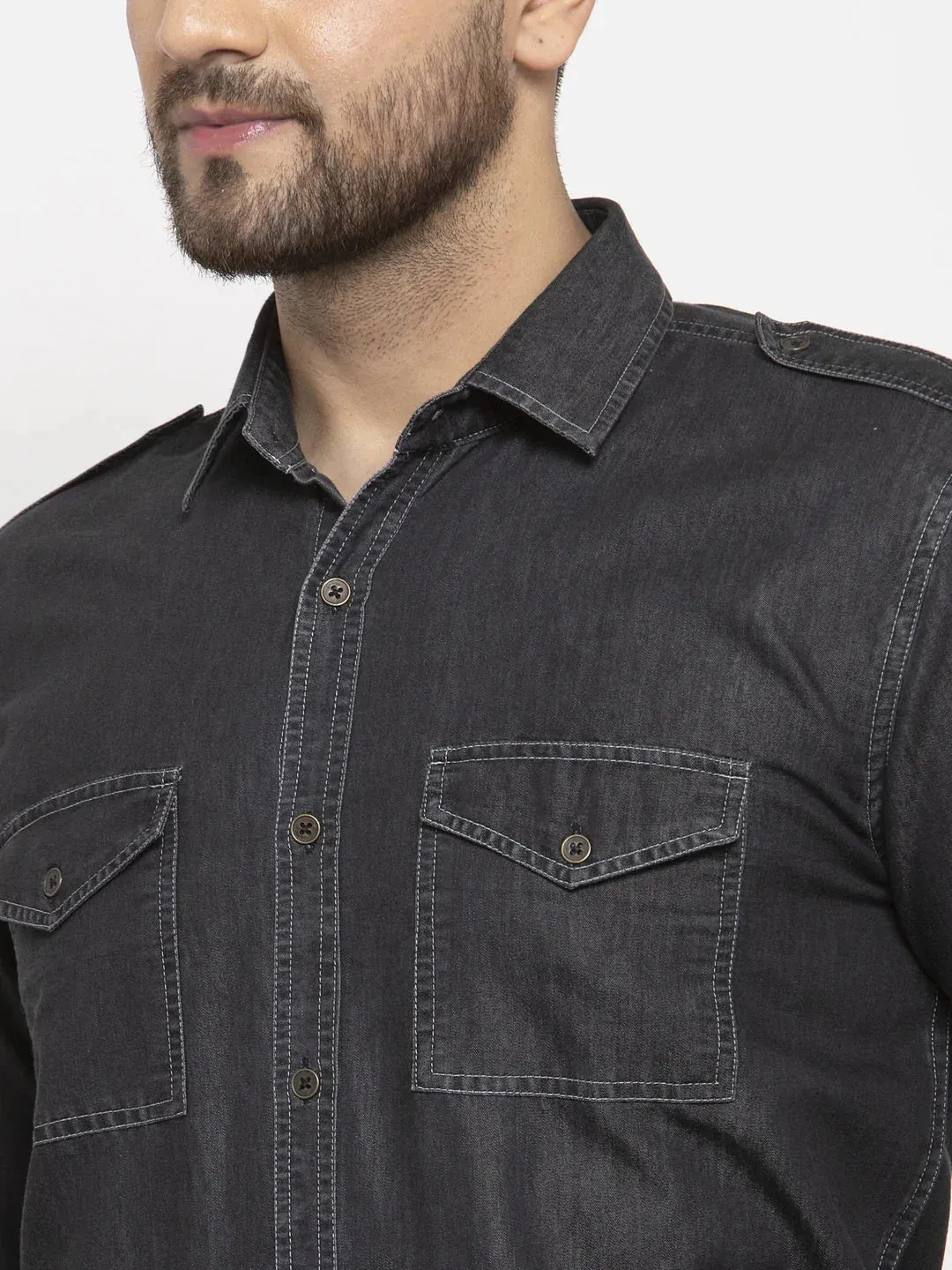 Black Men'S Denim Solid Formal Shirt'S