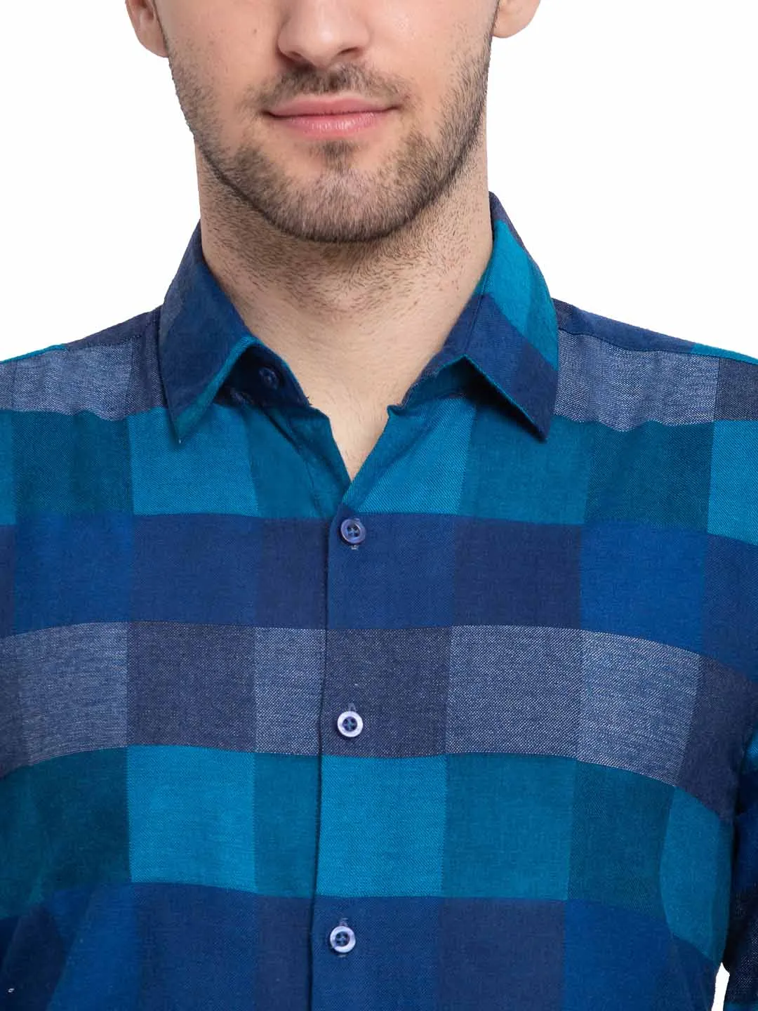 Blue Men'S Checked Cotton Formal Shirt