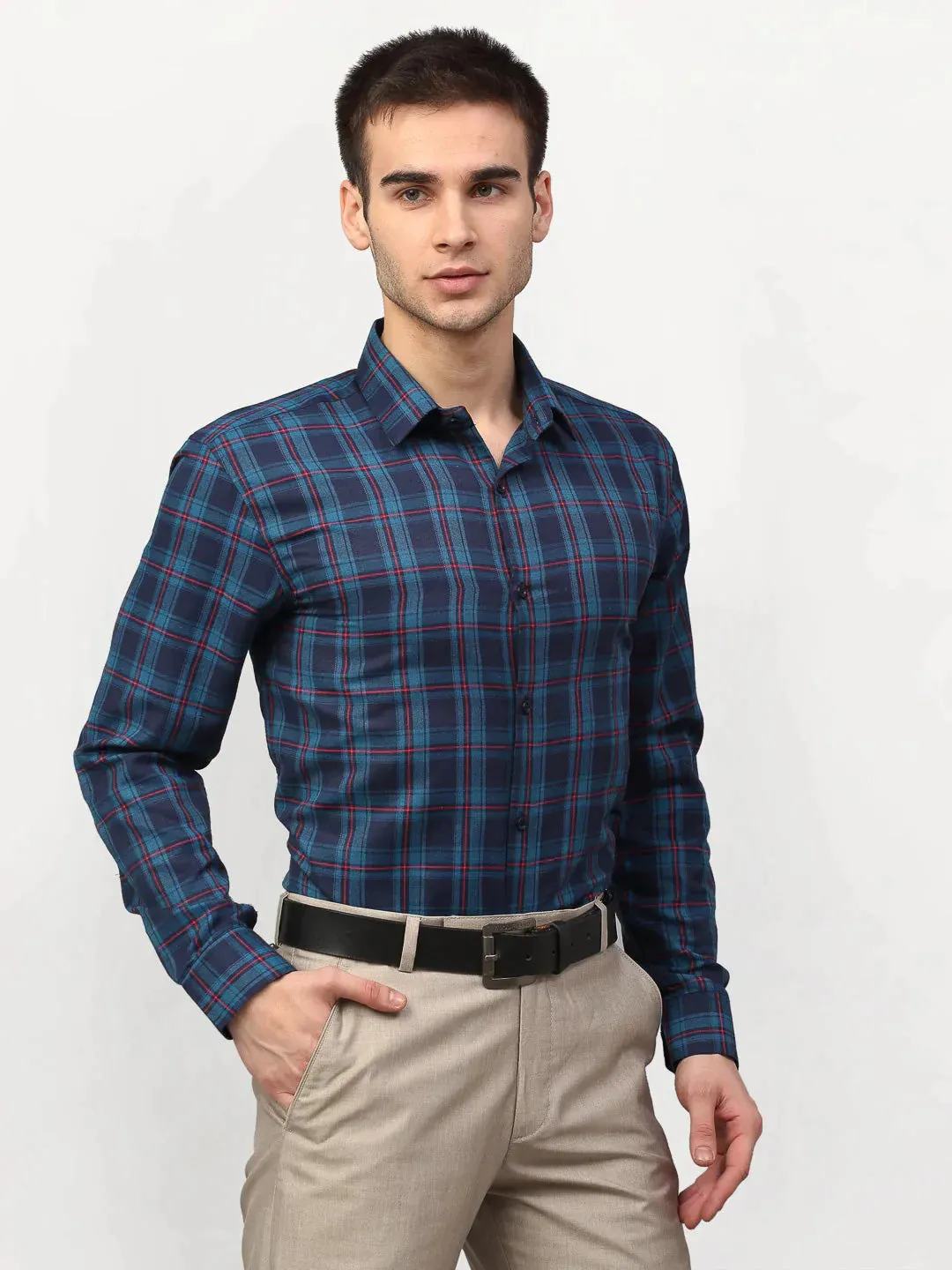 Blue Men'S Checked Formal Shirts
