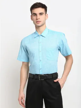 Blue Men'S Solid Cotton Half Sleeves Formal Shirt