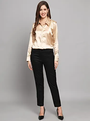 FUNDAY FASHION Women Solid Formal Satin Shirt (Large, Golden)