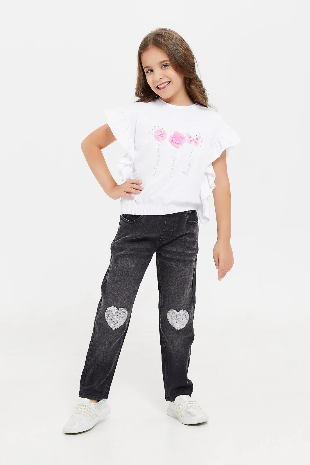 Girls White Floral Patch Work T-Shirt