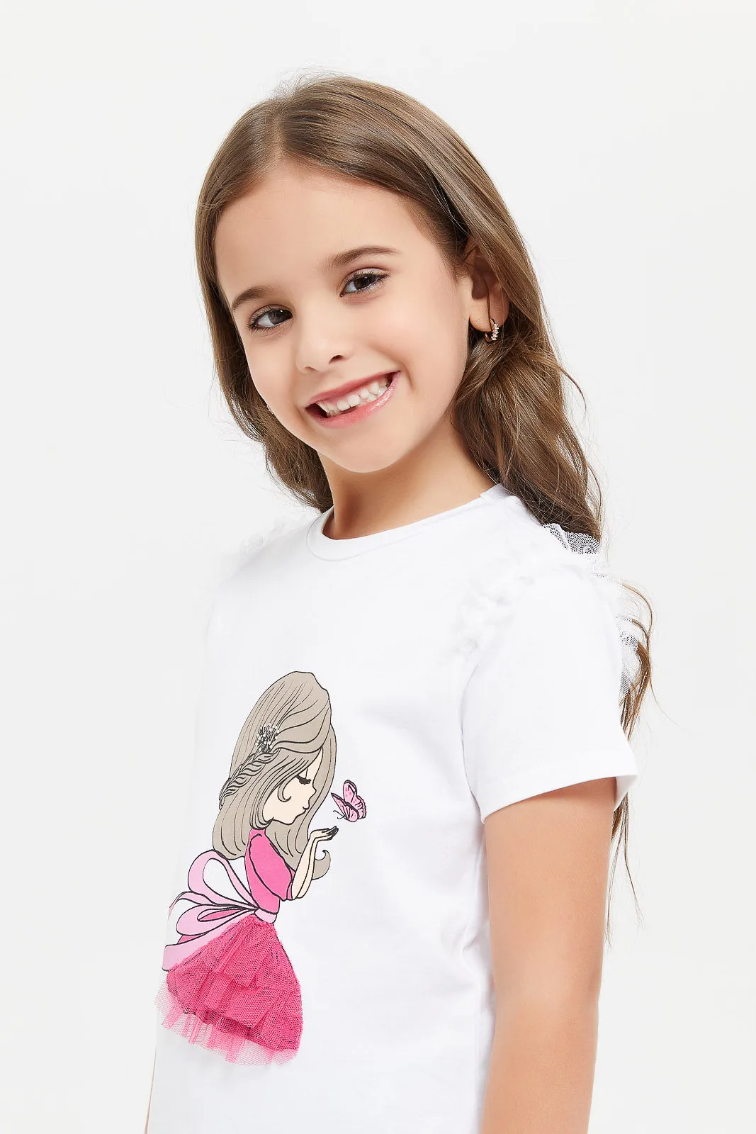 Girls White Mesh Frills Printed T-Shirt
