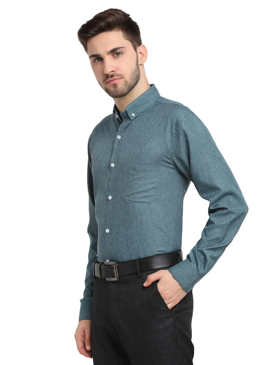 Grey Melange Men'S Button Down Collar Cotton Formal Shirt