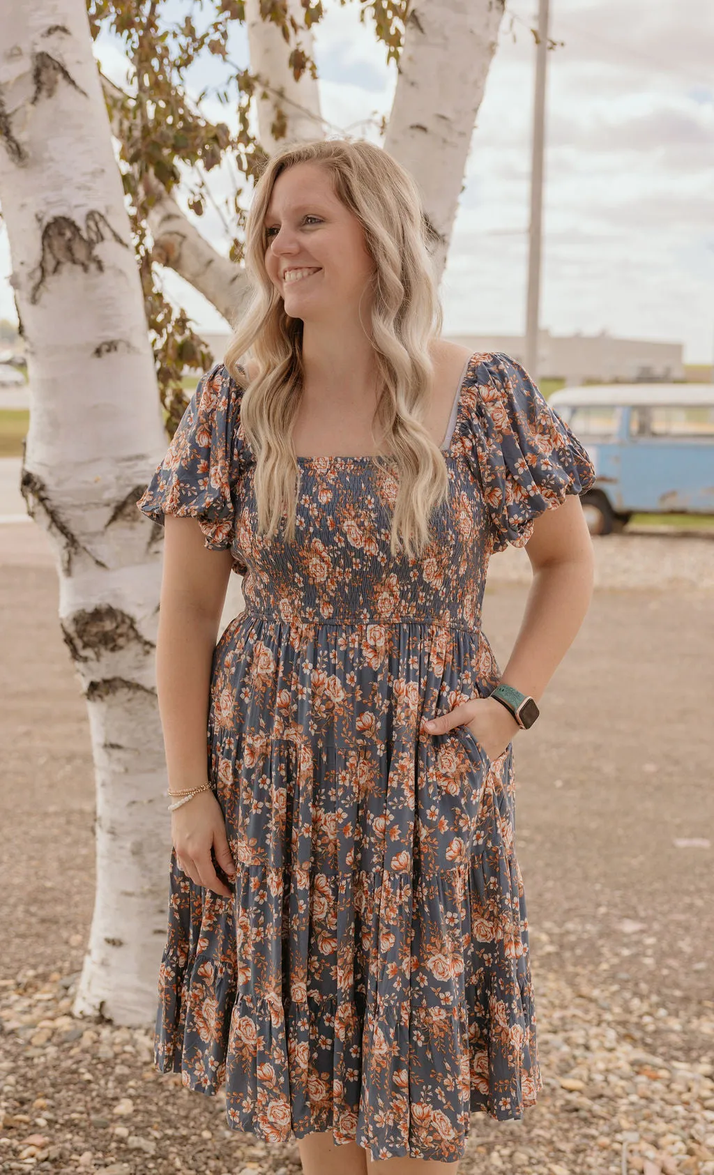 HARLOW DENIM BLUE FLORAL PUFF SLEEVE MAXI DRESS