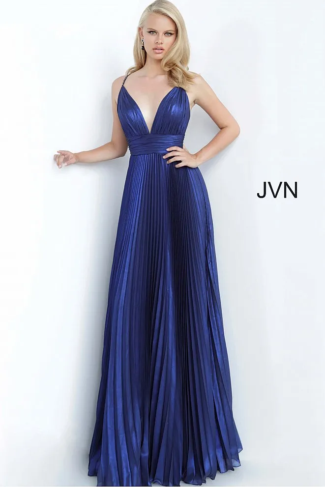 Jovani JVN03061 Size 6 Long Iridescent Pleated Prom Dress Navy Shimmer V Neck