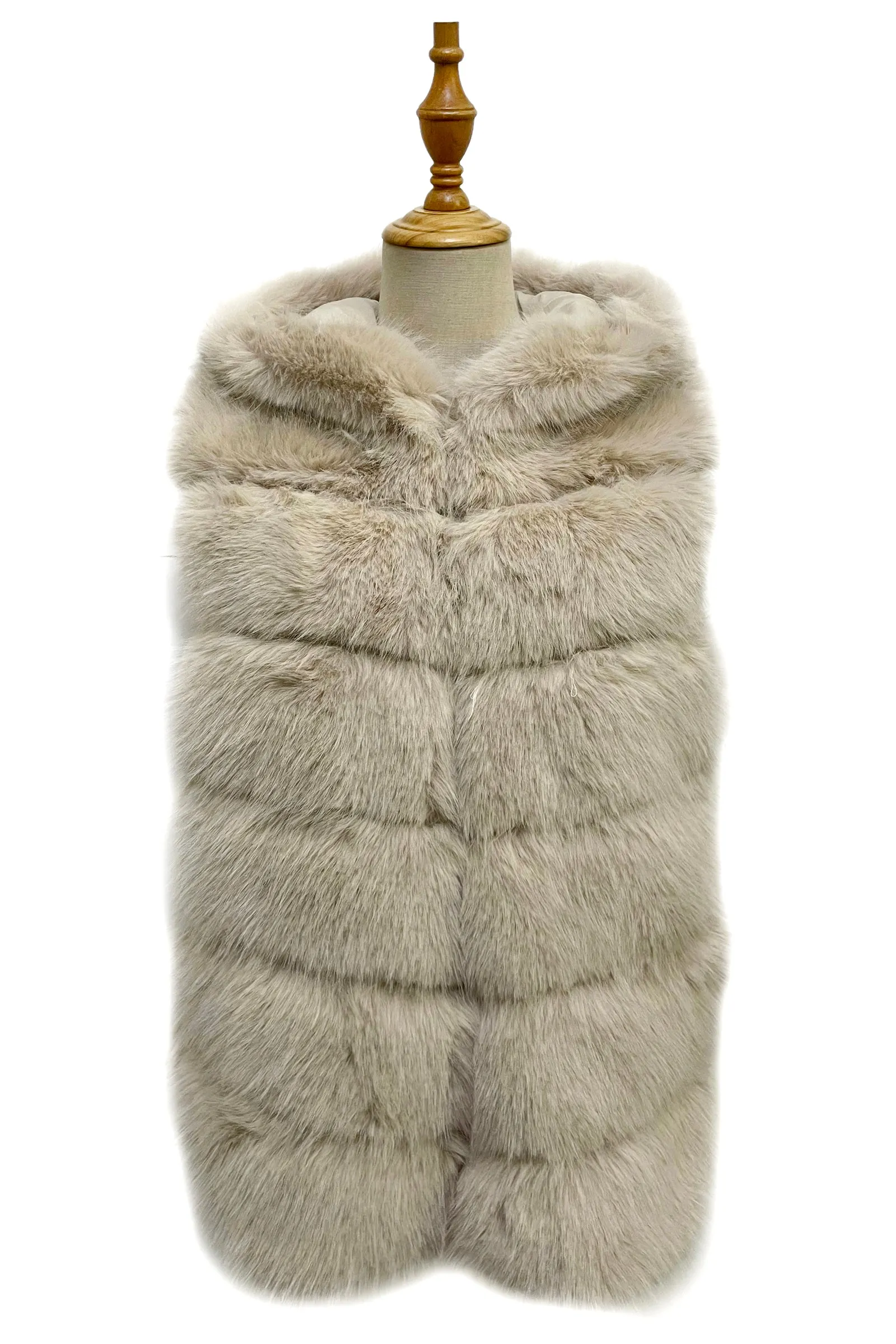 Plain Faux Fur Stripe Hooded Gilet Jacket