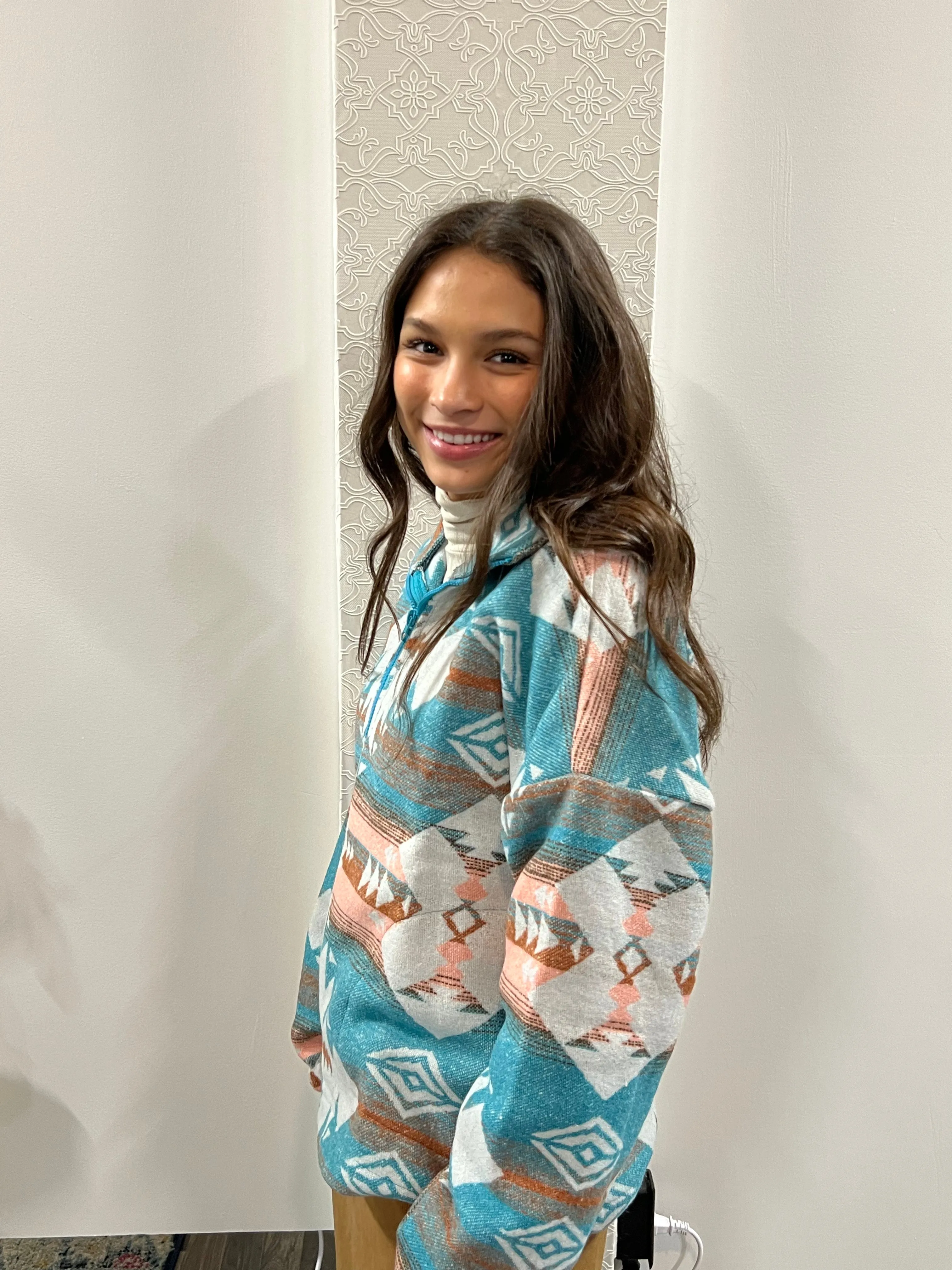 Teal Aztec Printed Henley Woven Pullover Jacket