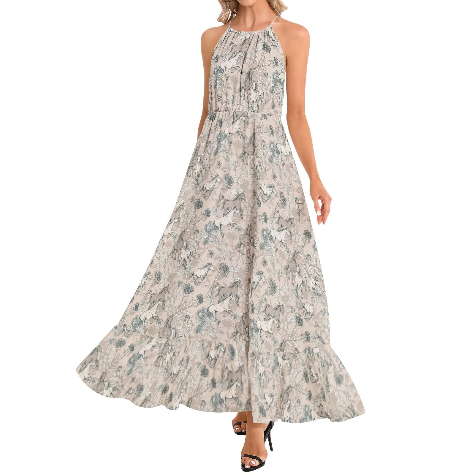 Western Horses Ruffle Hem Halter Neck Maxi Dress
