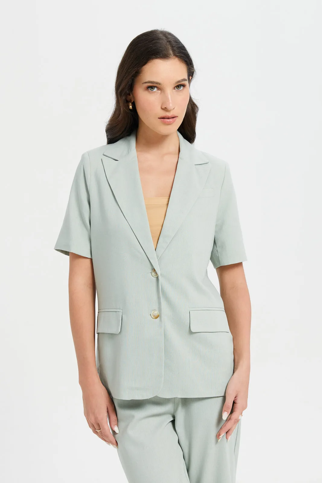 Women Mint Long Length Mock Pocket Blazer