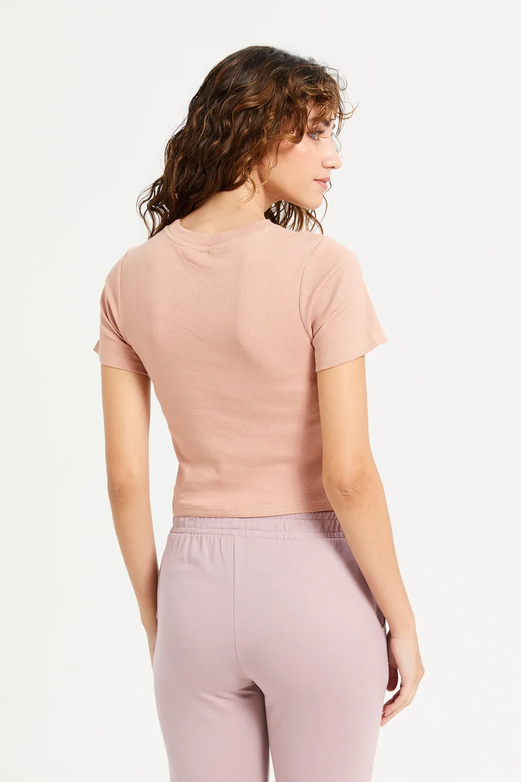 Women Pink Ribbed T-Shirt